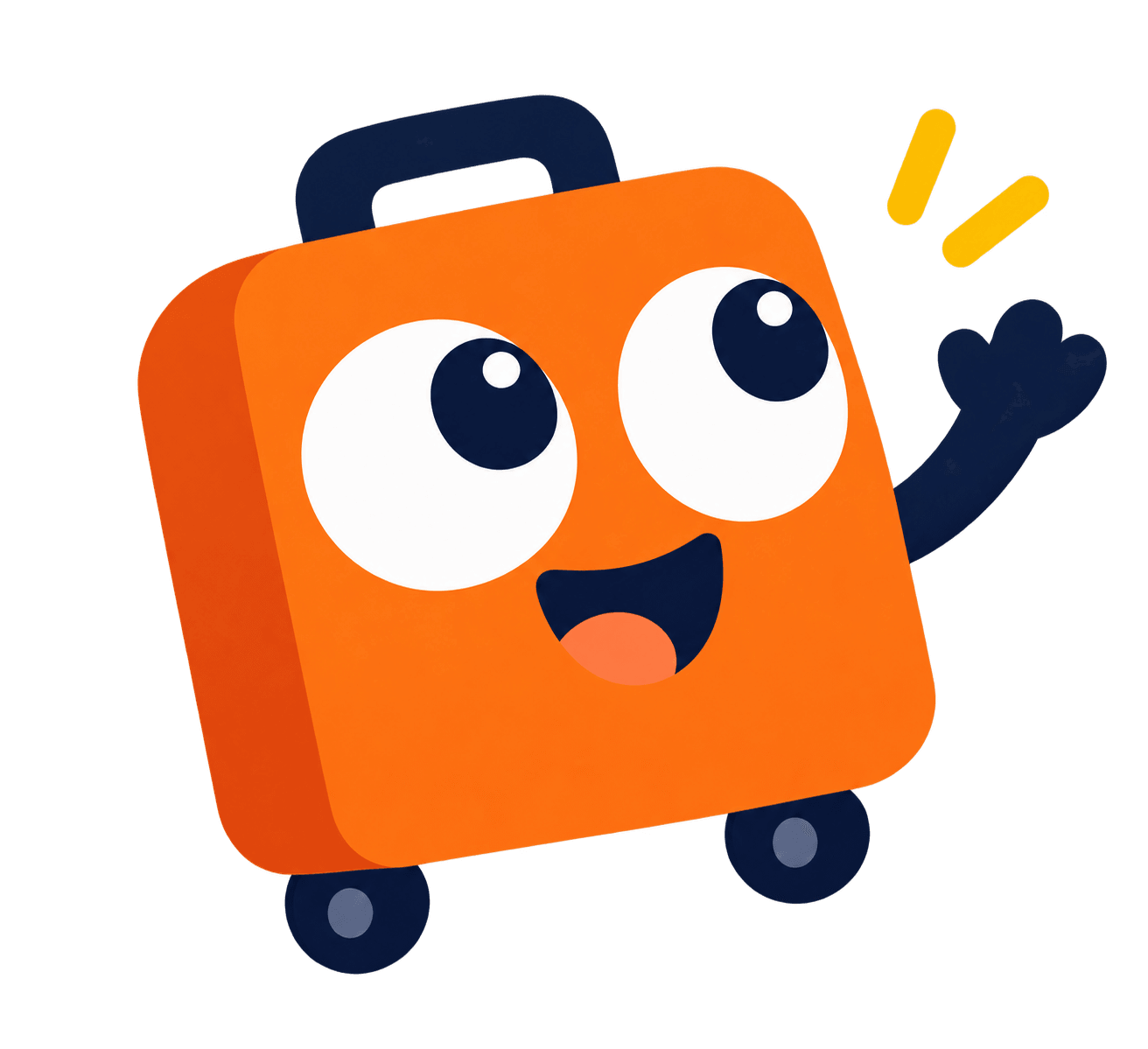 Tingo, the happy orange suitcase travel expert, waving hello